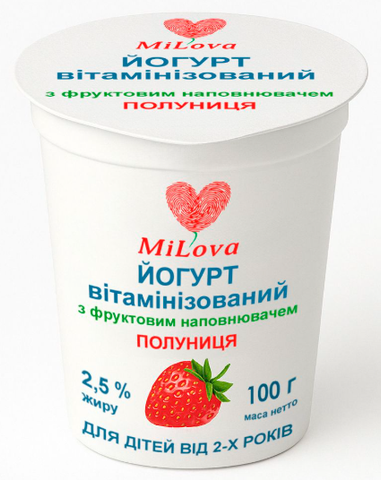 Йогурт вітамінізований MiLova 2,5% жиру з фруктовим наповнювачем, стакан 100г